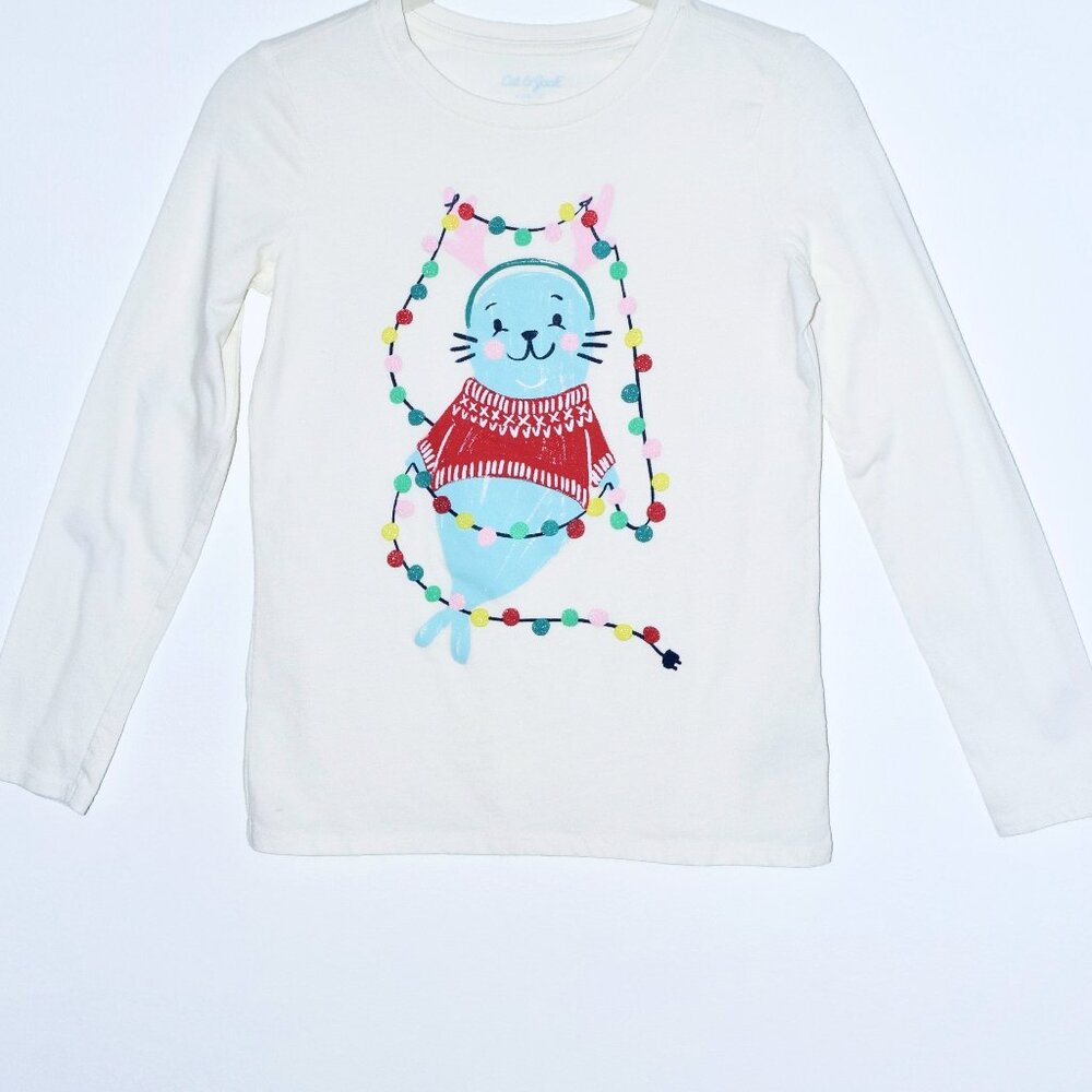 Cat & Jack Christmas Reindeer Seal Long Sleeve Crew Neck T-Shirt - Large (10/12)
